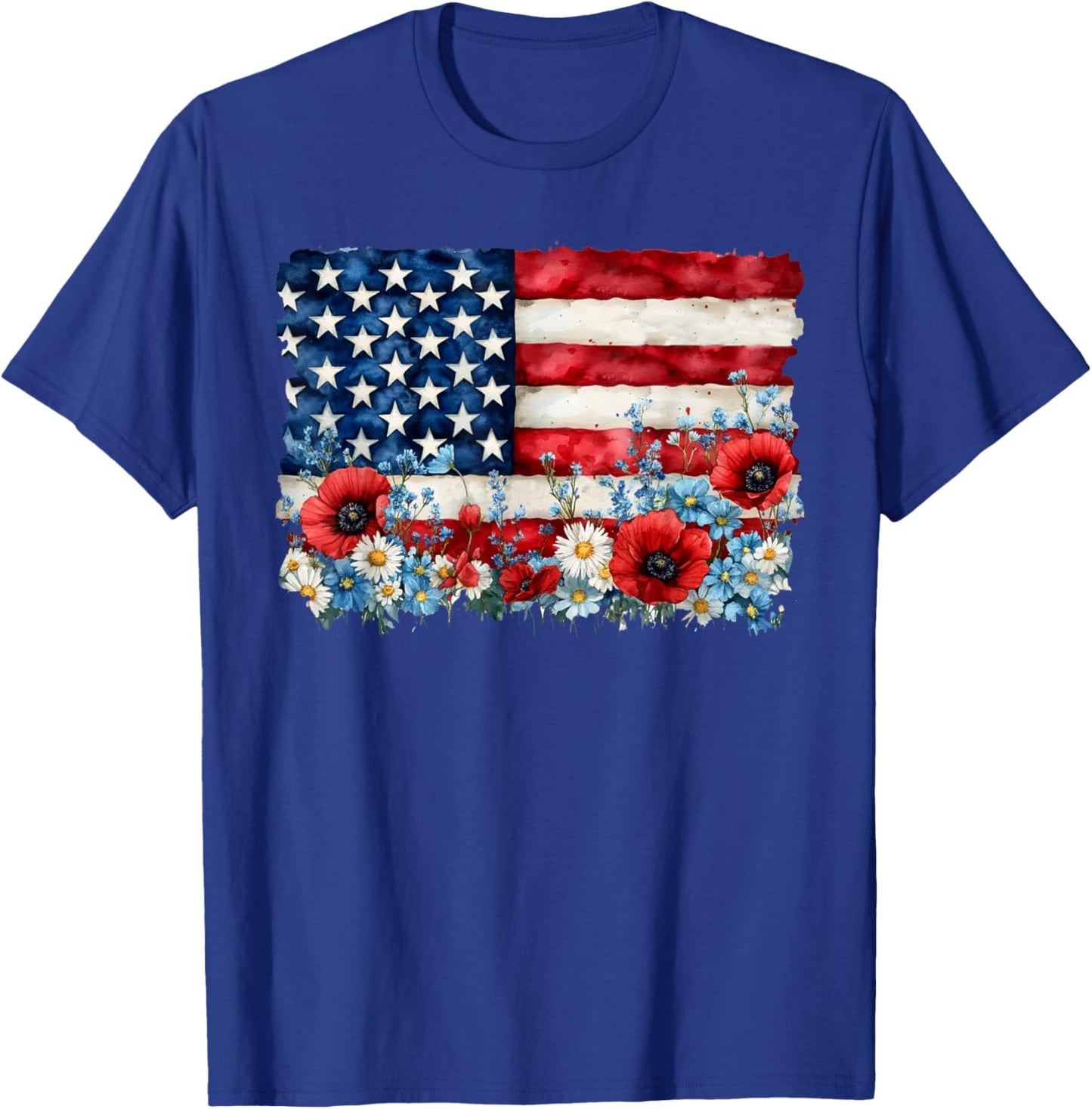 Retro Flower American Flag Women 4th Of July Patriotic T-Shirt - T-Shirt | Royal