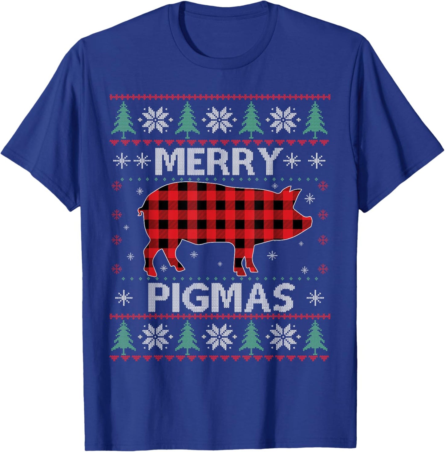 Merry Pigmas Pig Red Plaid Ugly Sweater Xmas Funny T-Shirt - T-Shirt | Royal