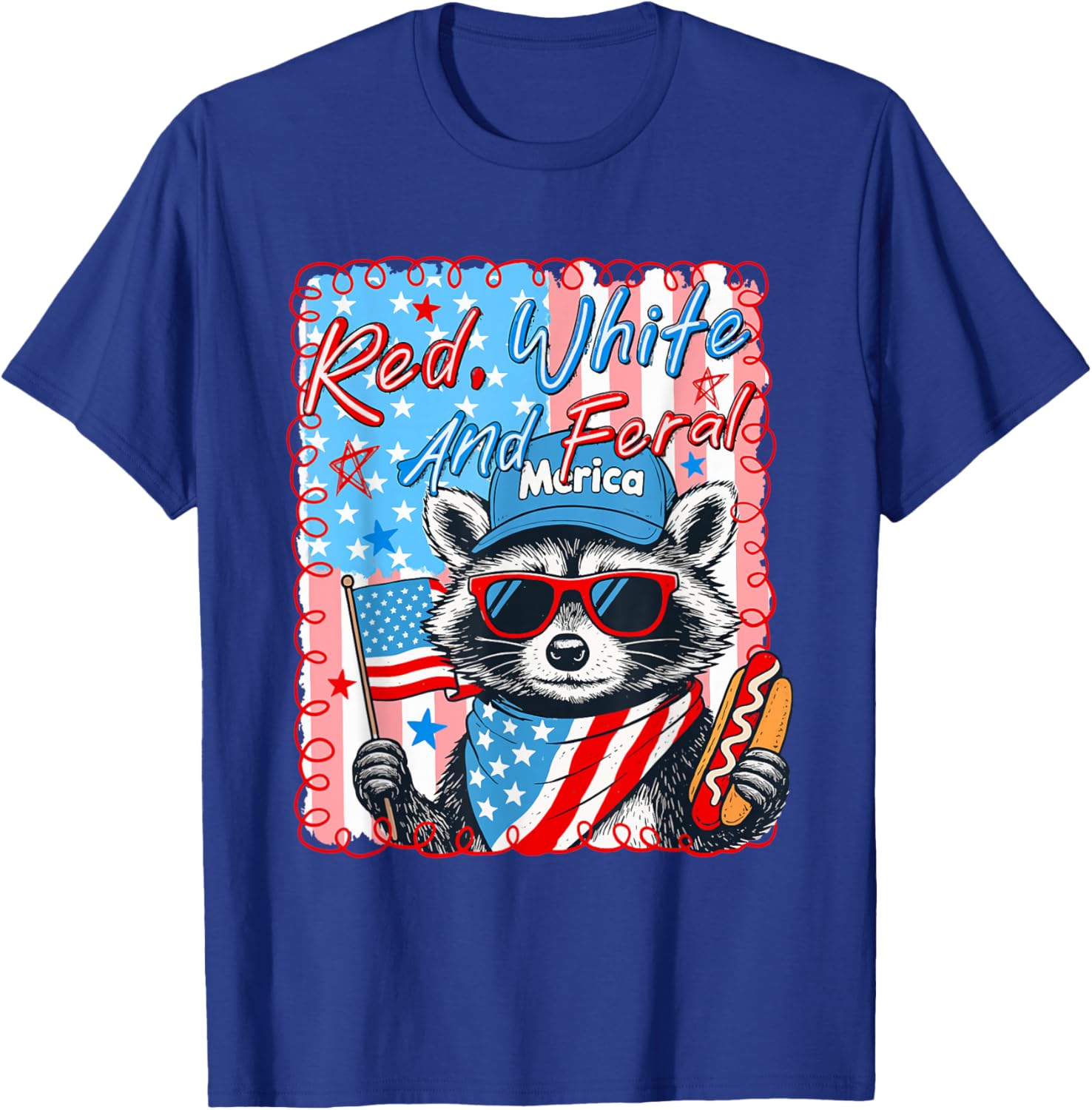 Striped Red White and Feral Raccoon Hot Dog 4th of July Cute T-Shirt - T-Shirt | Royal