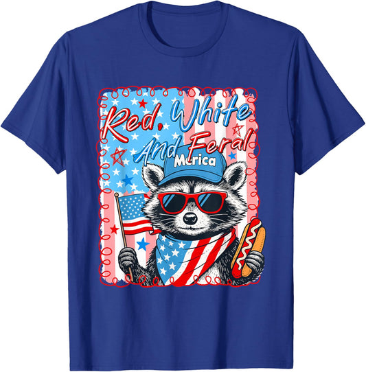 Striped Red White and Feral Raccoon Hot Dog 4th of July Cute T-Shirt - T-Shirt | Royal