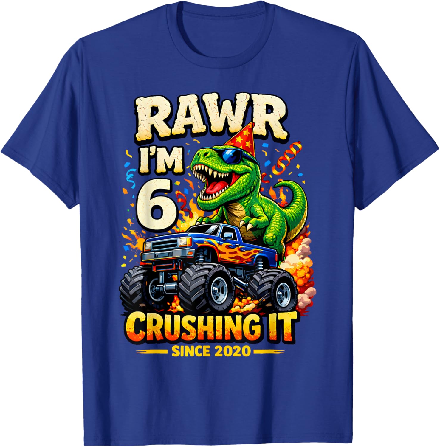 6th Birthday Monster Truck Dinosaur 6 Years Old Birthday Boy T-Shirt - T-Shirt | Royal