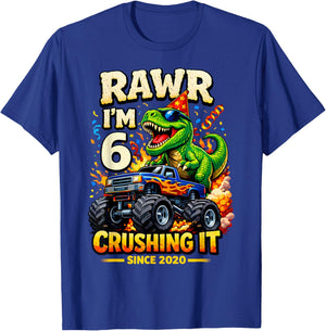 6th Birthday Monster Truck Dinosaur 6 Years Old Birthday Boy T-Shirt - T-Shirt | Royal