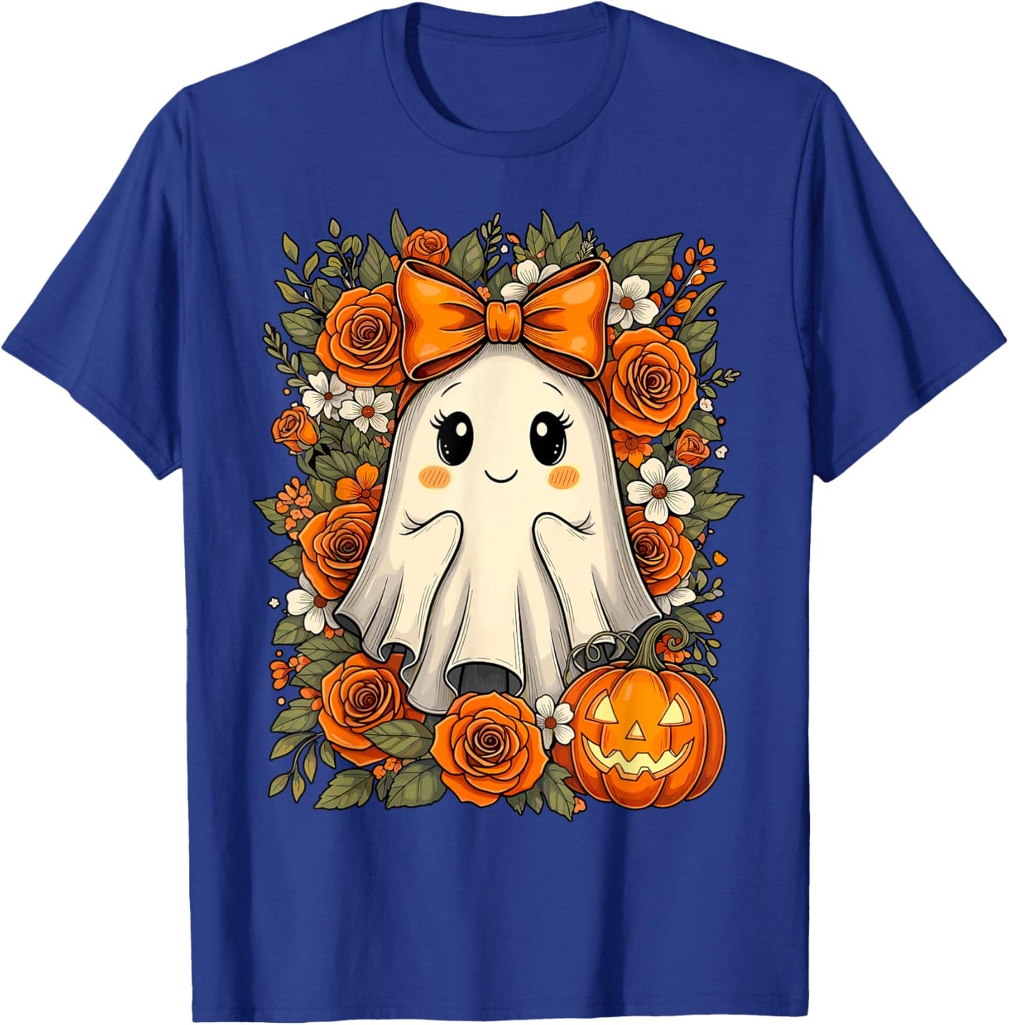 Cute Ghost Pumpkin Floral Halloween T-Shirt - T-Shirt | Royal
