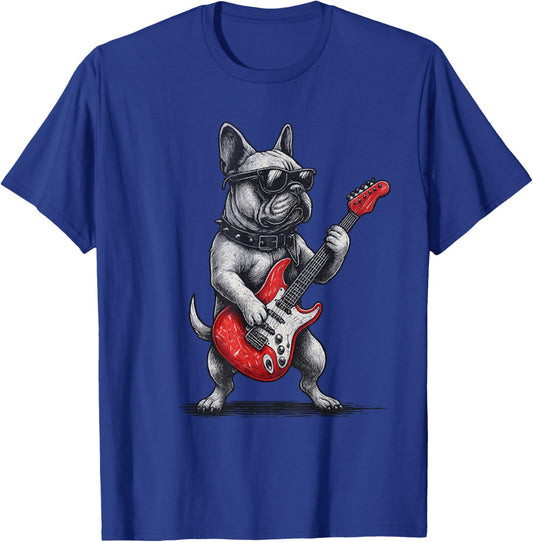 Vintage French Bulldog Punk Music Playing Guitar T-Shirt - T-Shirt | Royal