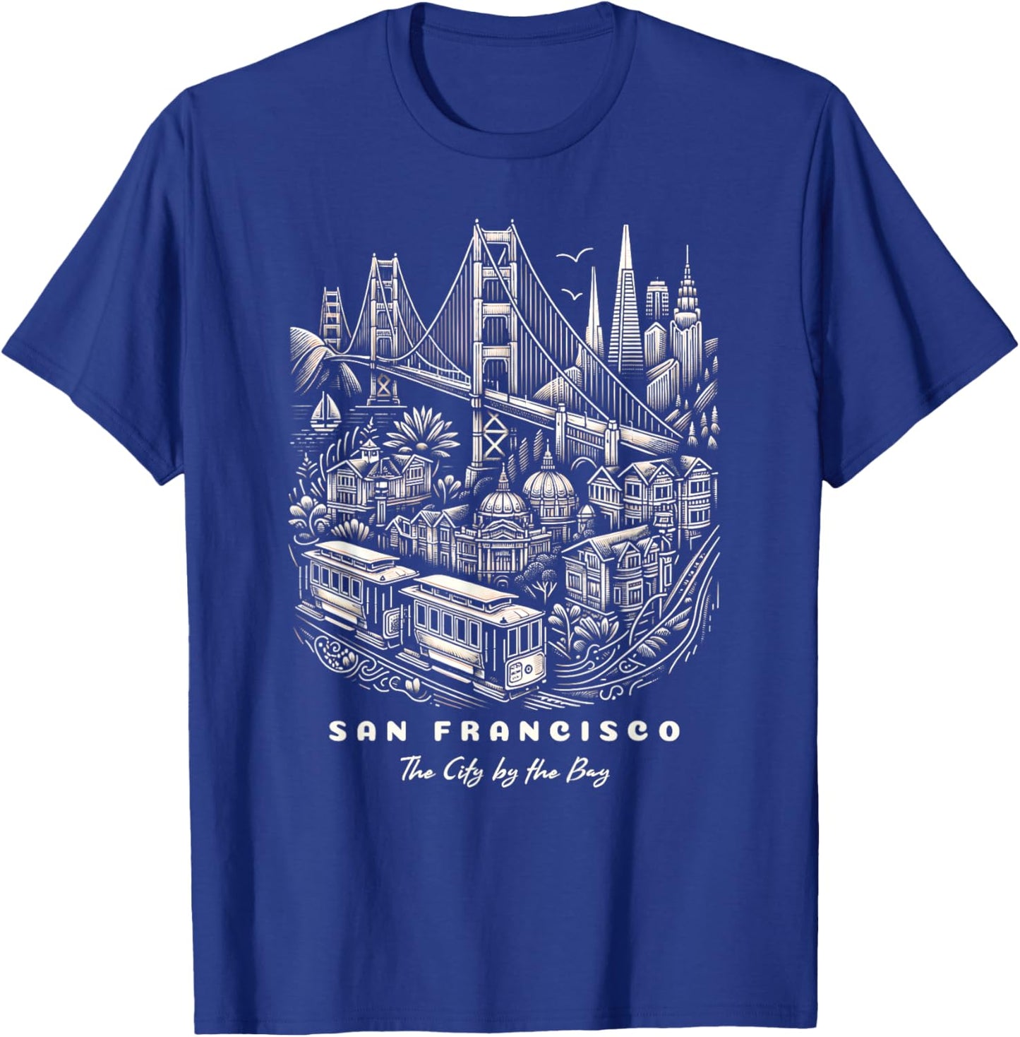 San Francisco SF Bay Area California Skyline and Golden Gate T-Shirt - T-Shirt | Royal