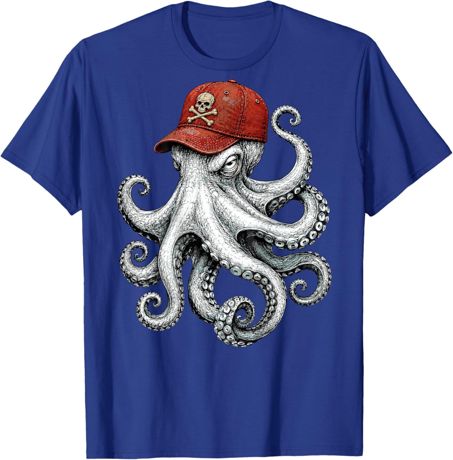 On Back Octopus with Skull and Crossbones Cap Pirate Octopus T-Shirt - T-Shirt | Royal