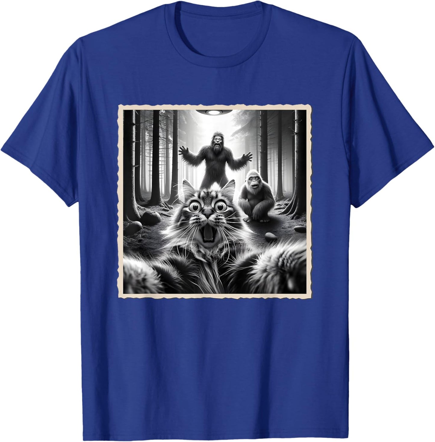 Cat Selfie With Bigfoot; Funny Sasquatch & Cat T-Shirt - T-Shirt | Royal