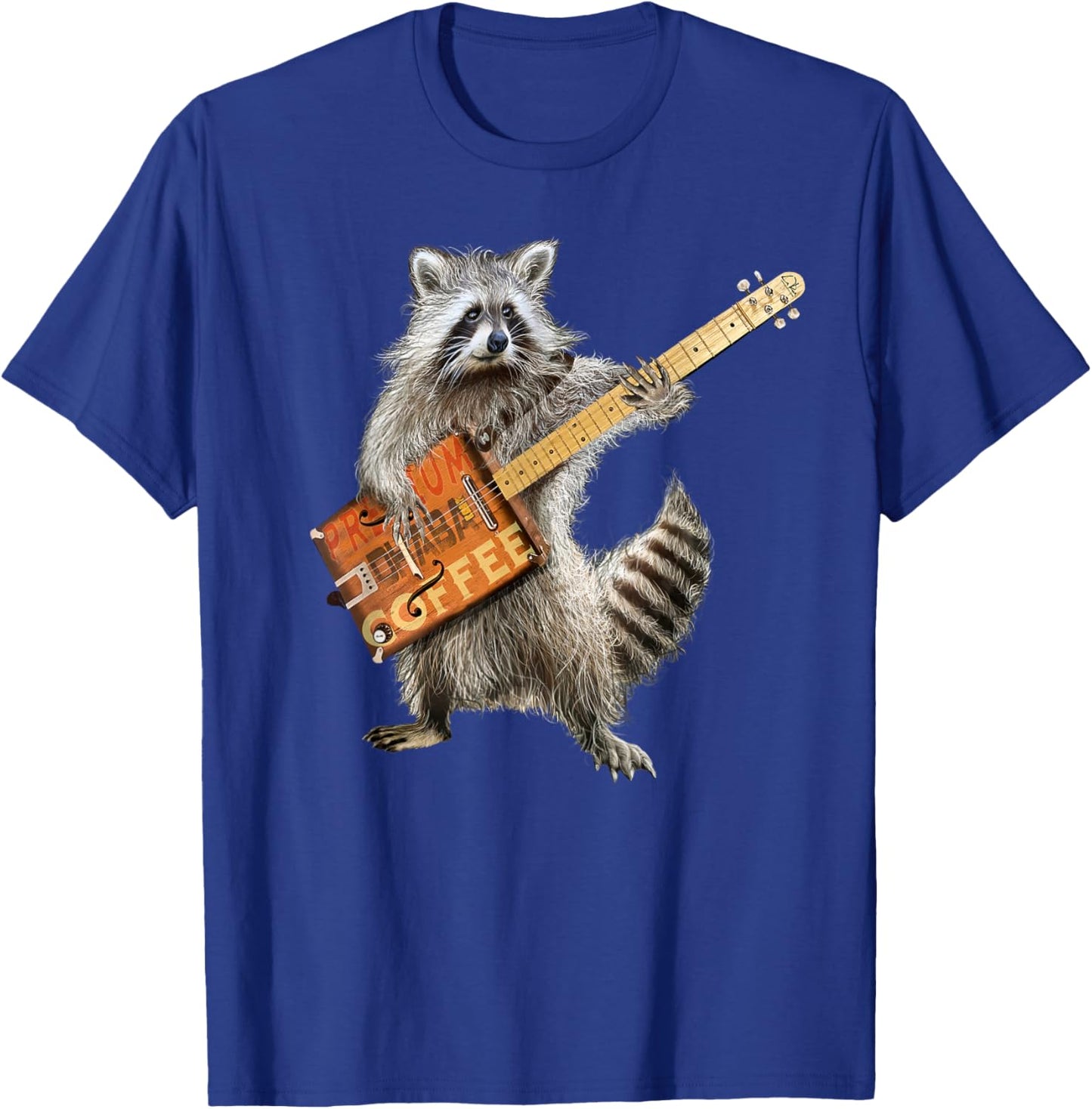 Raccoon Cute Funny Coffee Guitar Player Guitarist Animal Art T-Shirt - T-Shirt | Royal