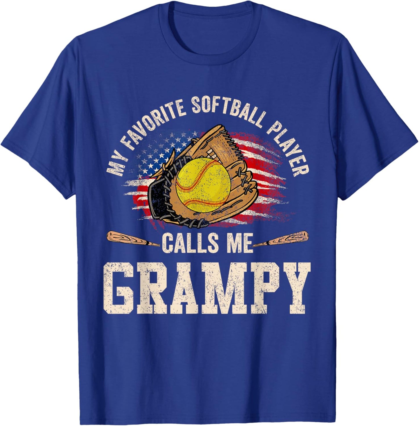 My Favorite Softball Player Calls Me Grampy USA Flag T-Shirt - T-Shirt | Royal
