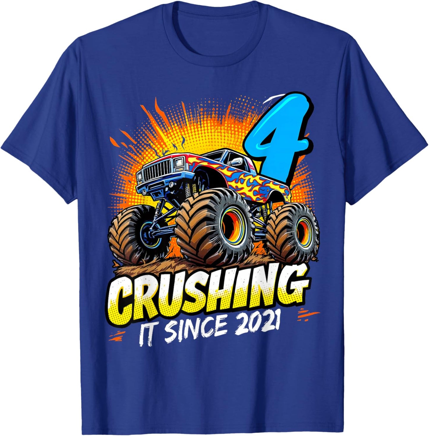 Birthday Monster Truck 4 year Old Boys 4th Party Born 2021 T-Shirt - T-Shirt | Royal
