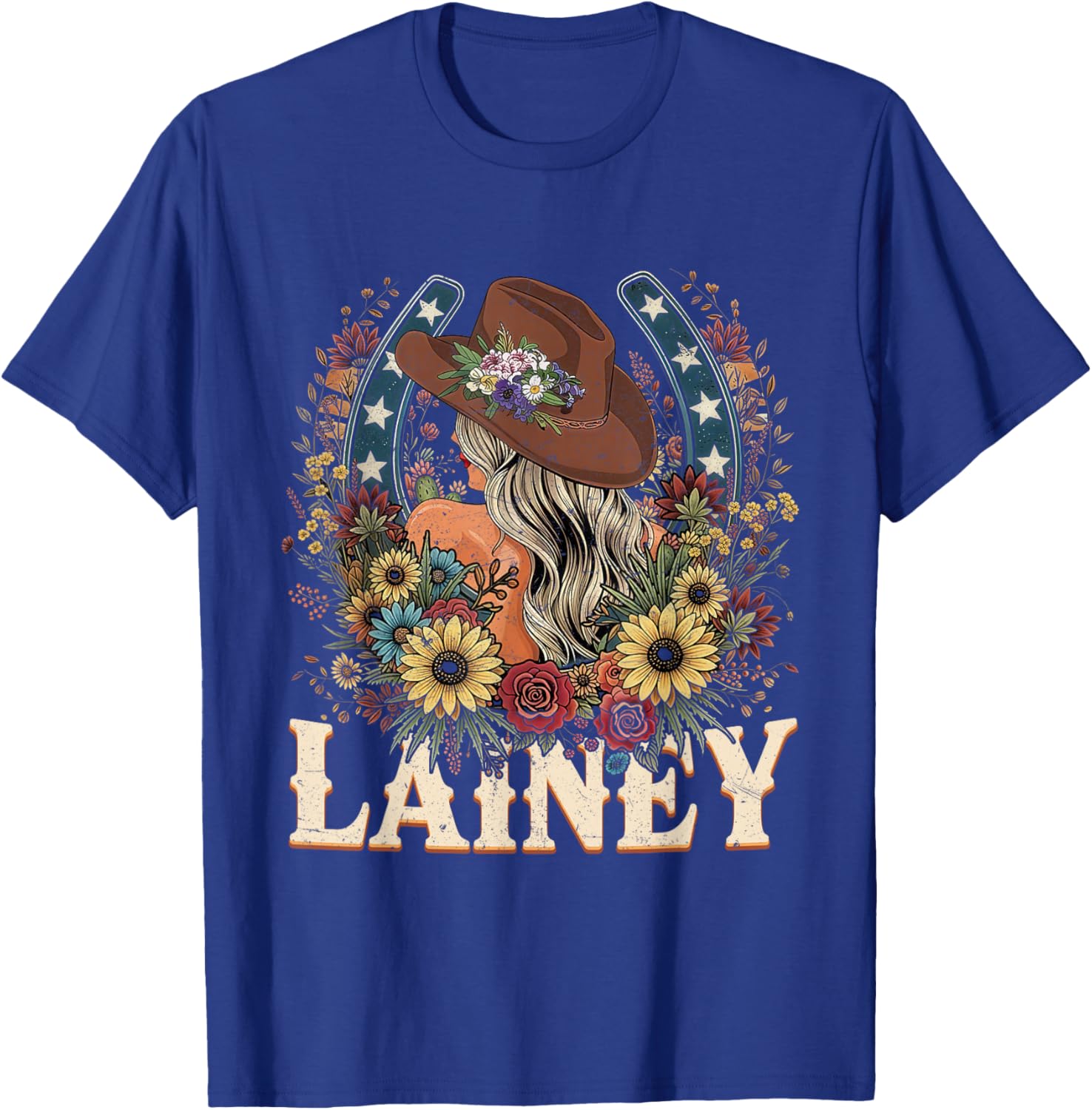 Retro Lainey Flowers Girl Personalized Name Cowgirl T-Shirt - T-Shirt | Royal