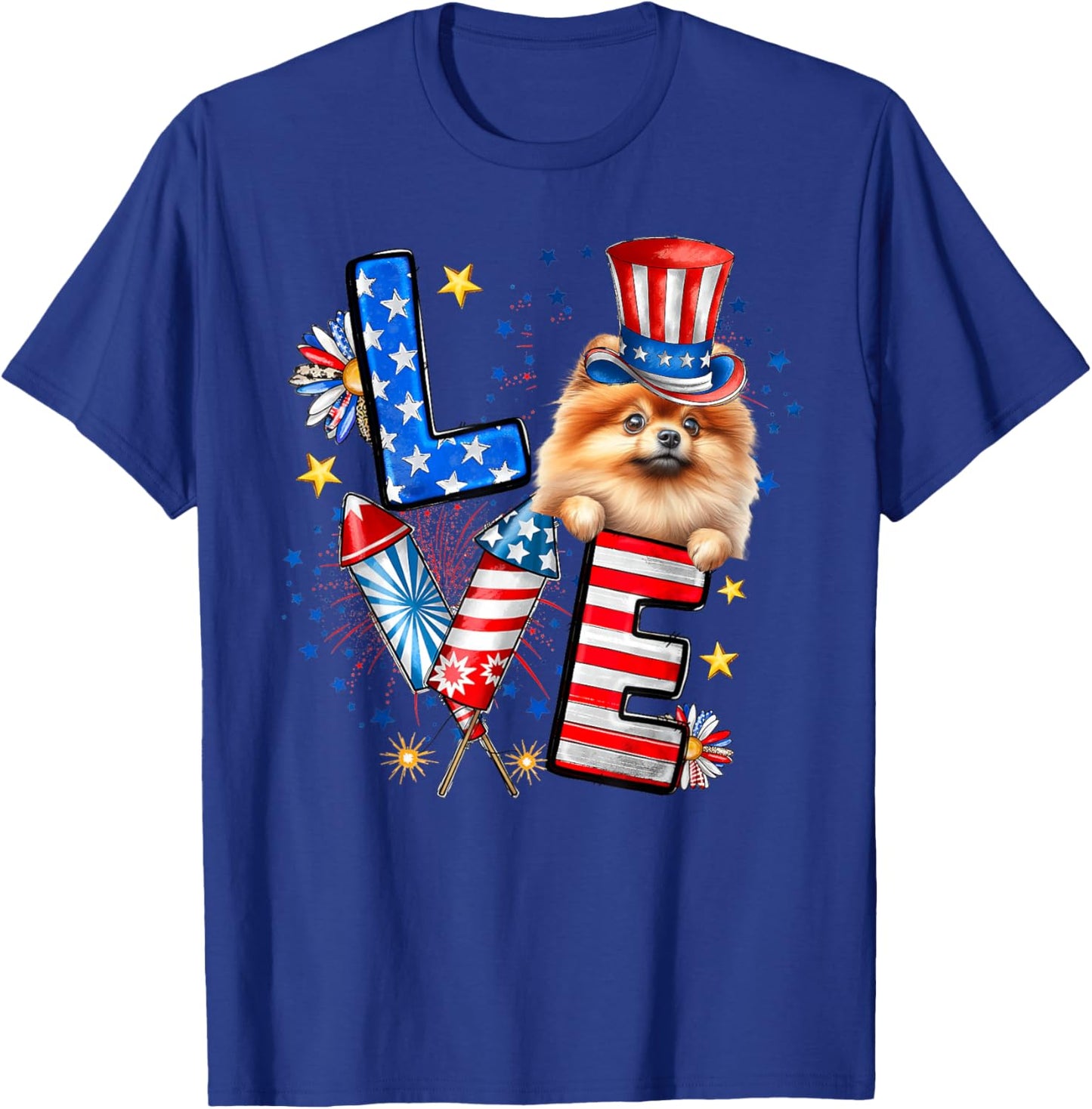 LOVE Pomeranian Dog American Flag 4th Of July T-Shirt - T-Shirt | Royal
