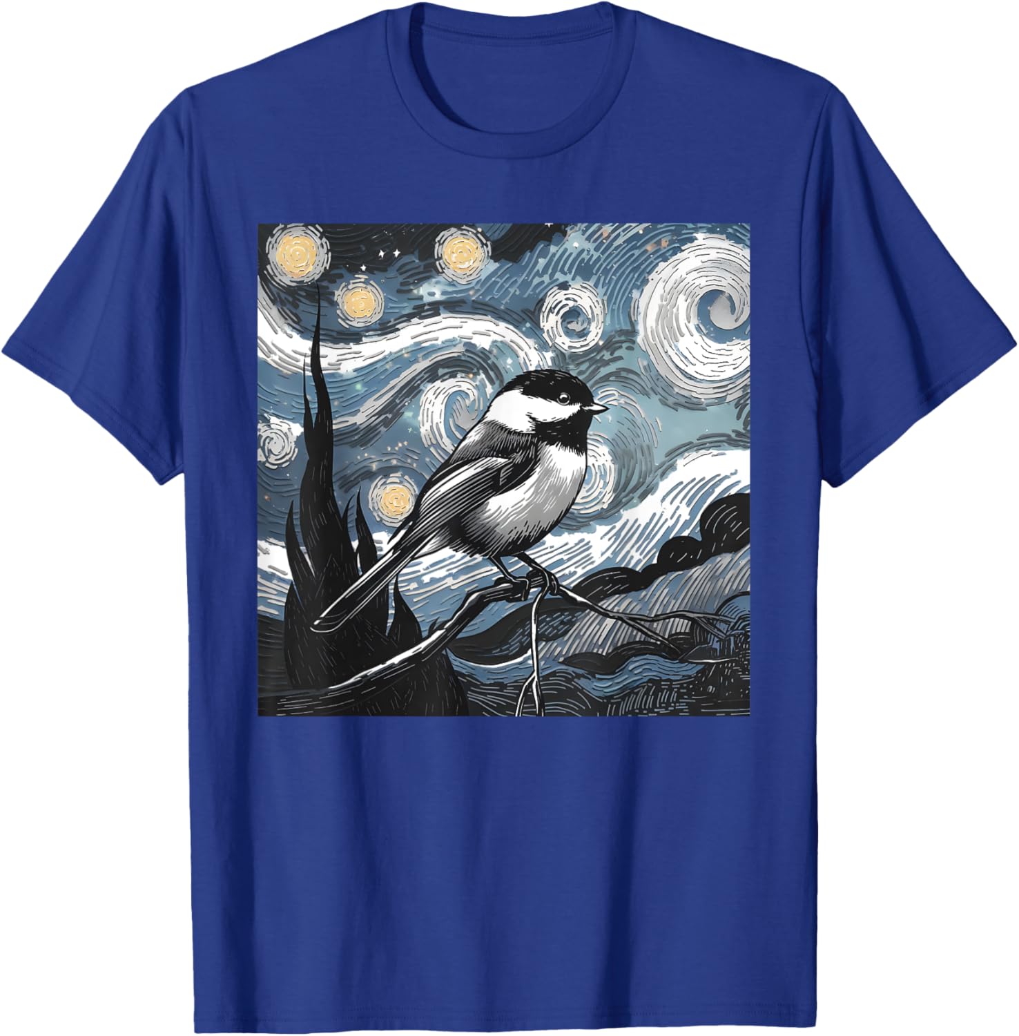 Black Capped Chickadee Bird Lover Starry Night Art Van Gogh T-Shirt - T-Shirt | Royal