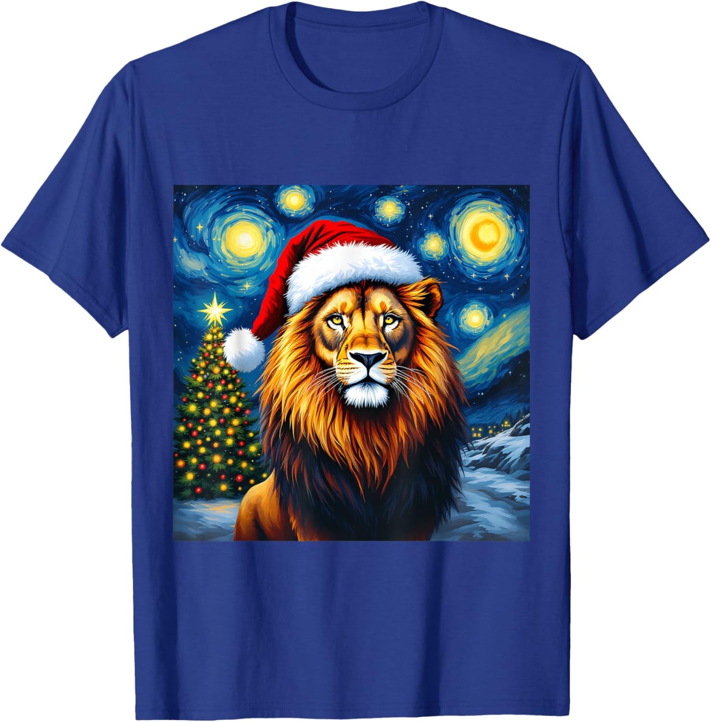 Christmas Lion Santa Hat Van Gogh Starry Night Holiday T-Shirt - T-Shirt | Royal