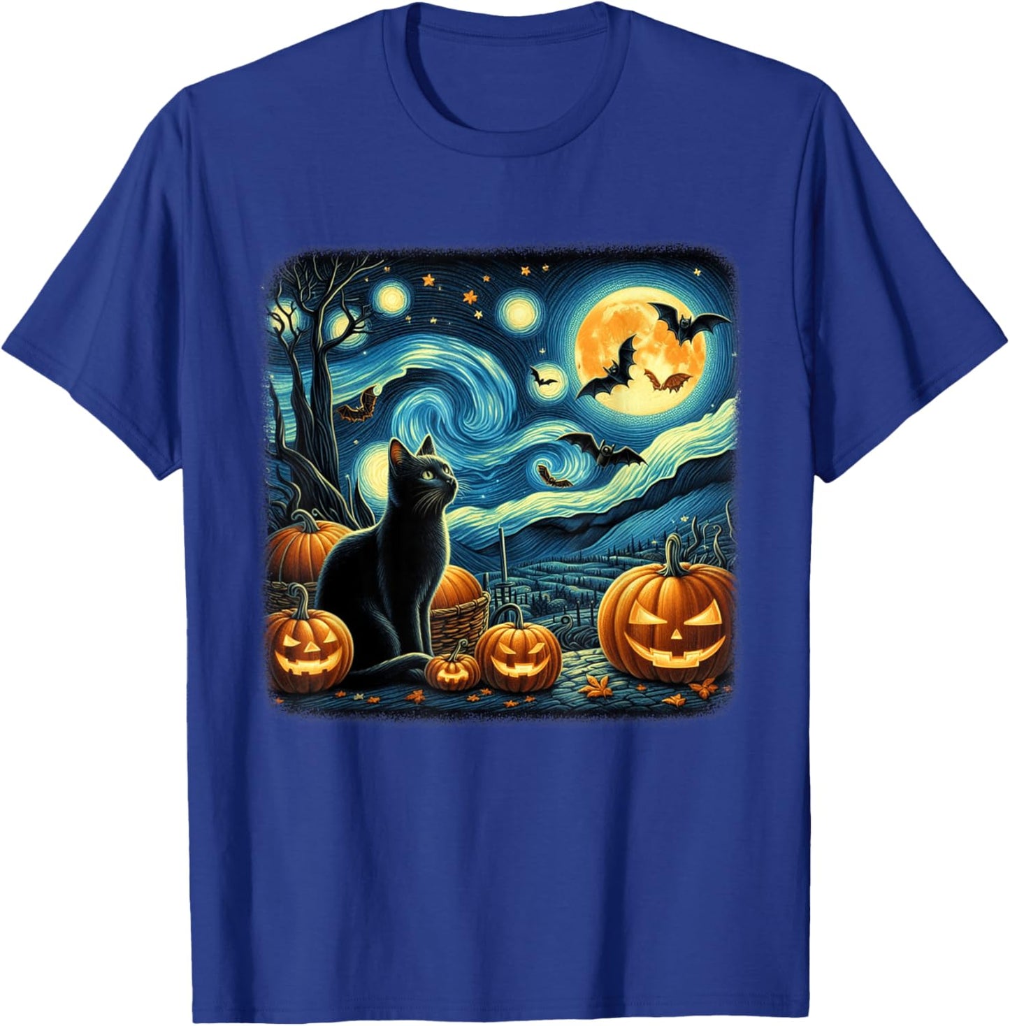 Van Gogh Cat Starry Night Black Cat Halloween Cat Lovers Men Women Kids T-Shirt - T-Shirt | Royal