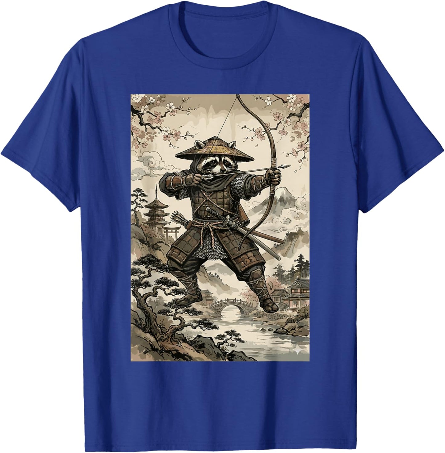 Samurai Raccoon Archer Japanese Cherry Blossom Art T-Shirt - T-Shirt | Royal