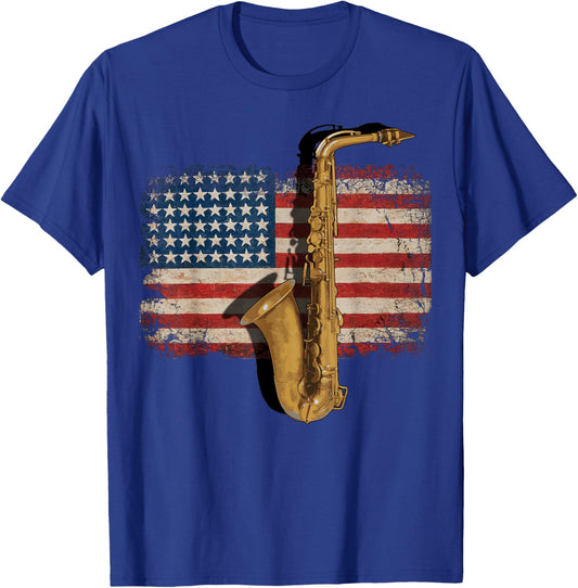Vintage American Flag Saxophone Funny Sax Music Player T-Shirt - T-Shirt | Royal