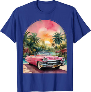 Old School Cadillac Pink | Watercolor | Palm Trees | Exotic T-Shirt - T-Shirt | Royal