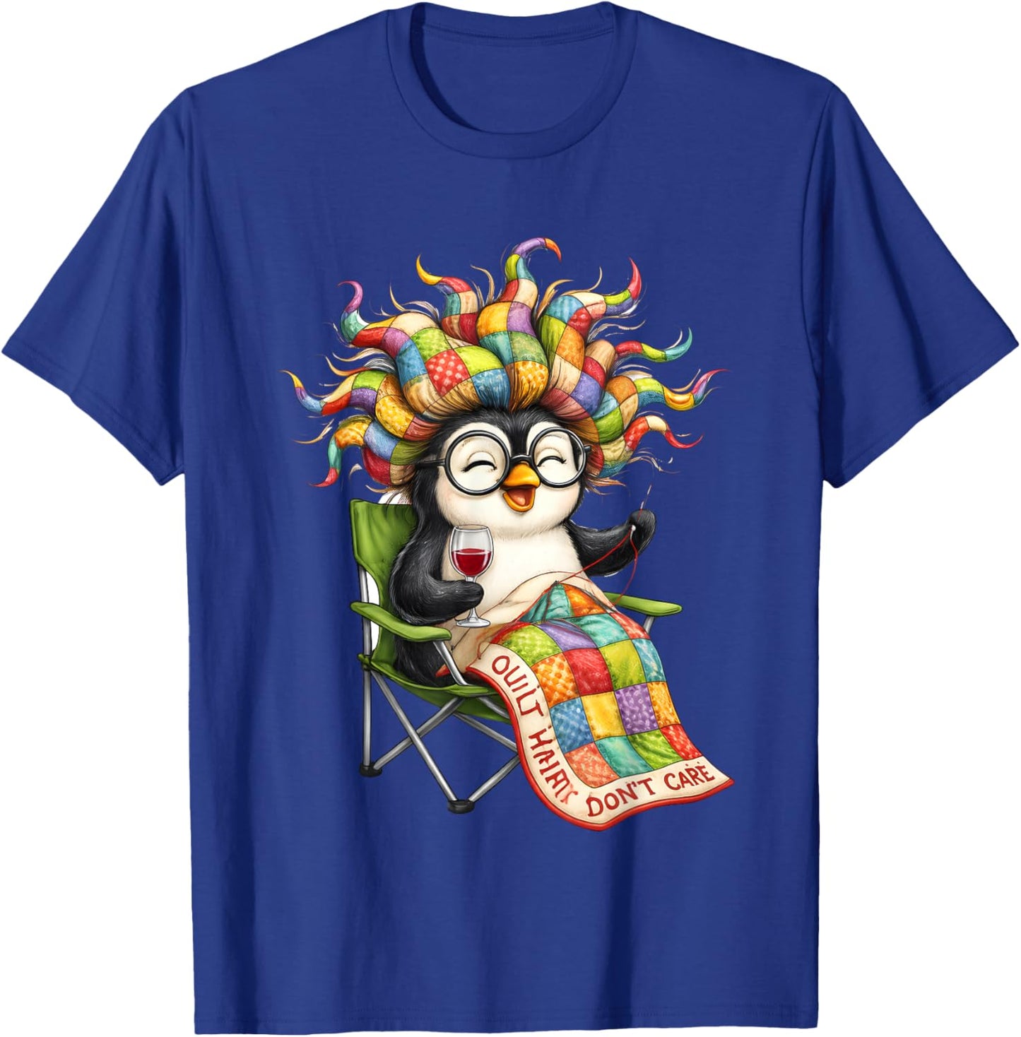 Penguins Quilt Hair Don’t Care T-Shirt - T-Shirt | Royal