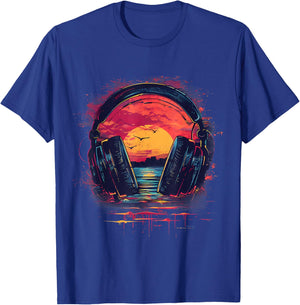 Headphones Music DJ Beatmaker House Music Sunset Artwork T-Shirt - T-Shirt | Royal