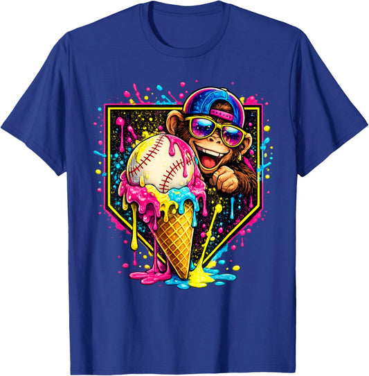 Monkey Funny Animals Baseball Ice Cream Drip Cool T-Shirt - T-Shirt | Royal