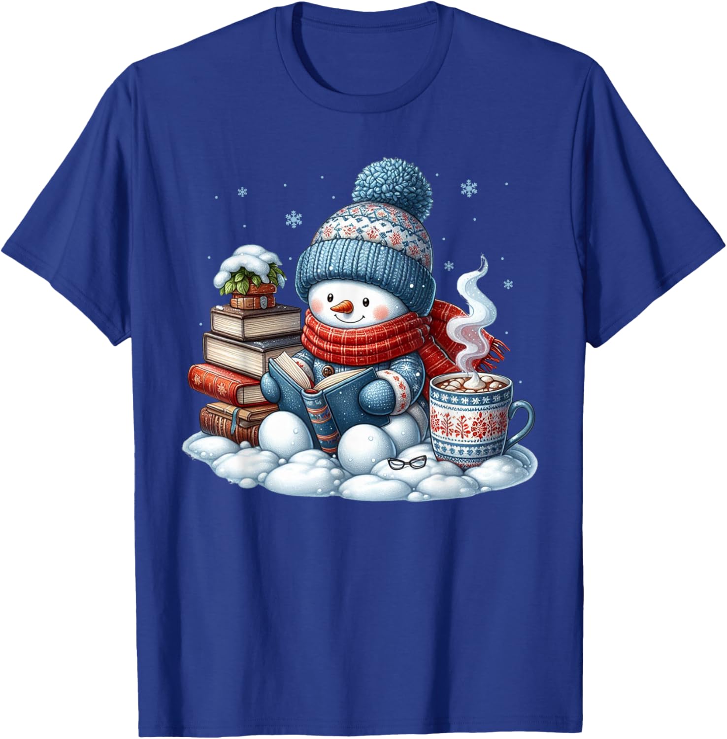 Snowman Reading Books Lovers Librarian Bookworm Christmas T-Shirt - T-Shirt | Royal