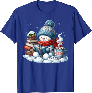 Snowman Reading Books Lovers Librarian Bookworm Christmas T-Shirt - T-Shirt | Royal