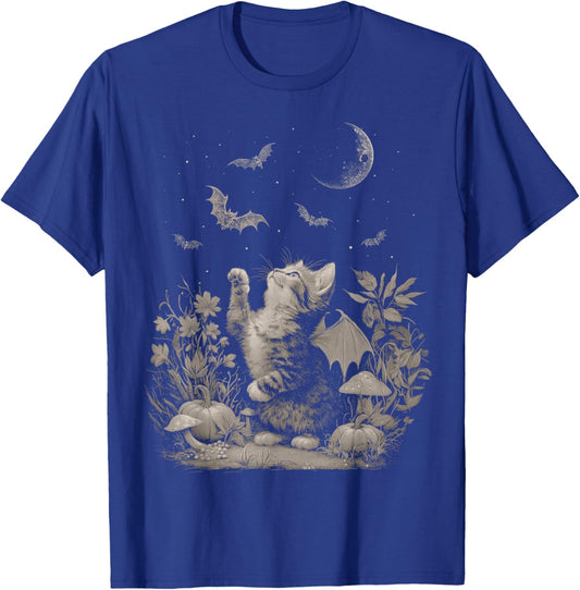 Vintage Halloween Cat Bat Wings Fall Cute Fairycore Graphic T-Shirt - T-Shirt | Royal