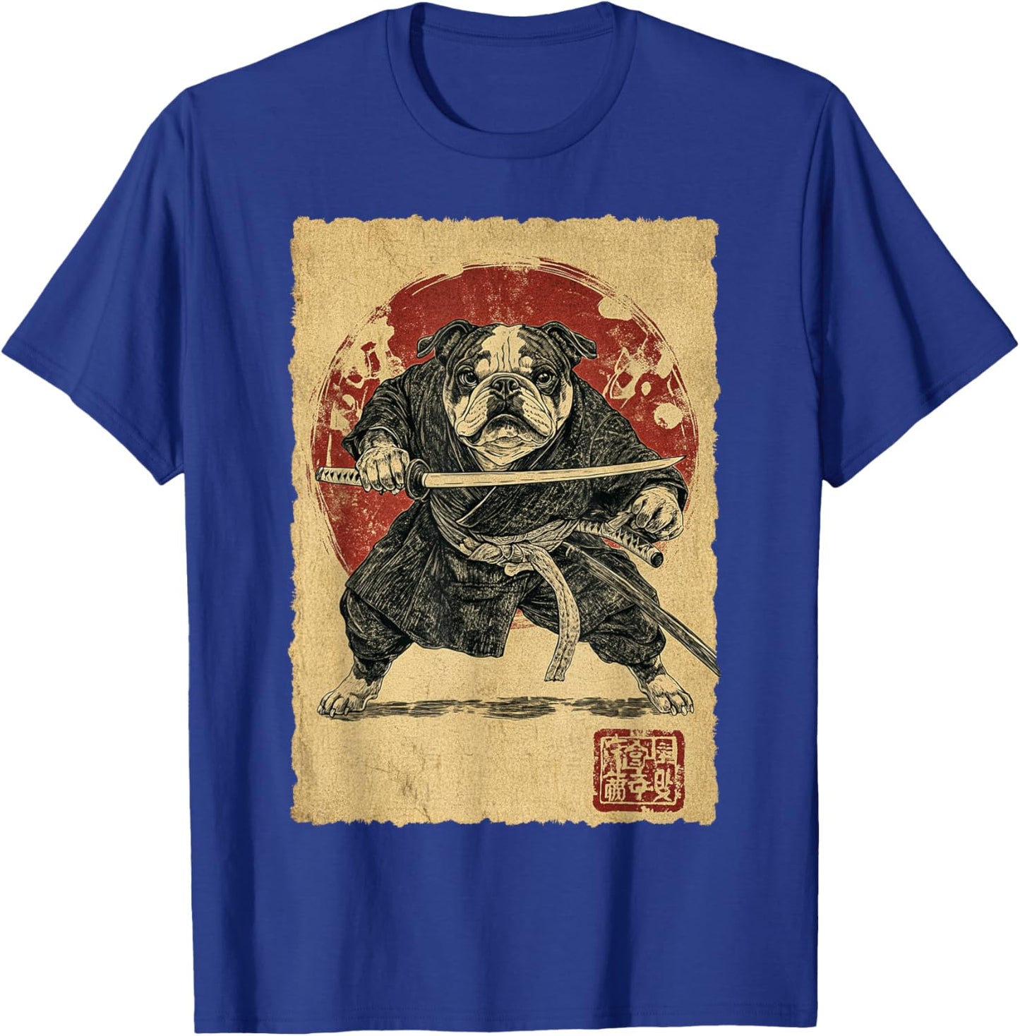 Funny Vintage Japanese Art Bulldog Ninja Samurai Warrior Men Women Girls Kids T-Shirt - T-Shirt | Royal