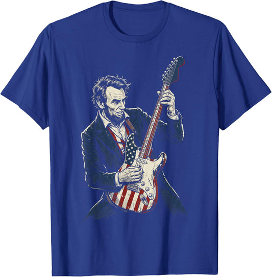 Abraham Lincoln Abe Lincoln Playing American Flag Guitar T-Shirt - T-Shirt | Royal