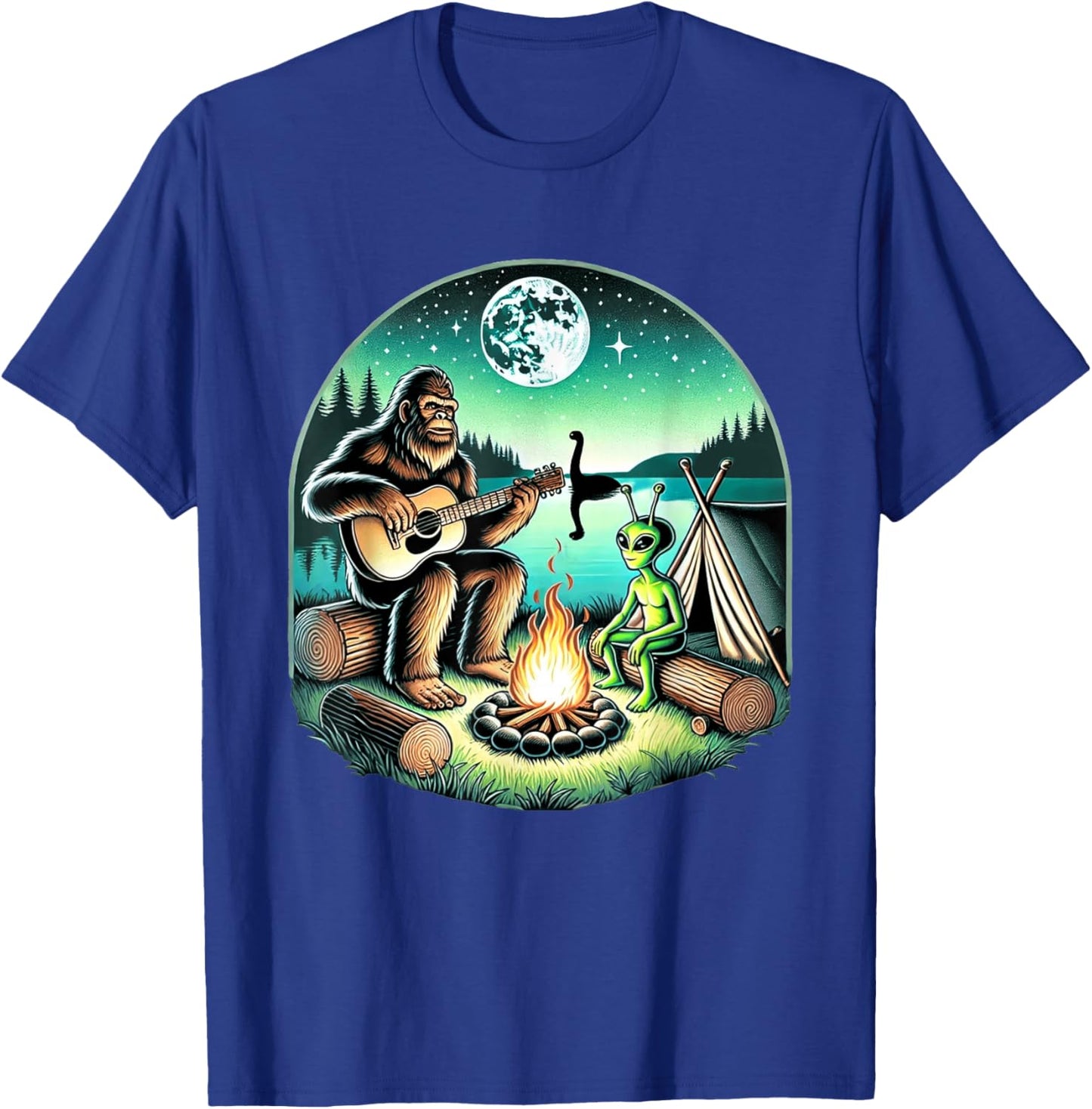 Alien and Bigfoot Loch Ness Campfire Sasquatch T-Shirt - T-Shirt | Royal