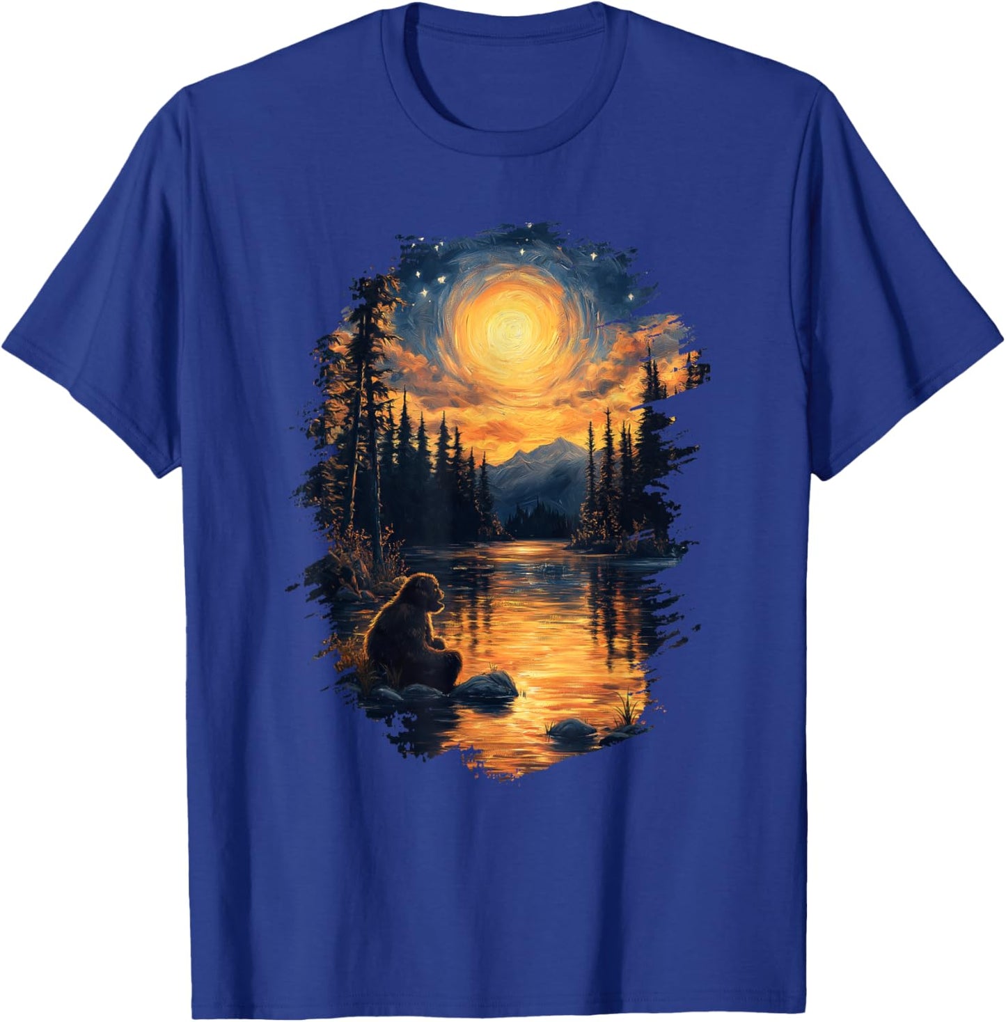Bigfoot Starry Night Forest Sasquatch Van Gogh Art T-Shirt - T-Shirt | Royal
