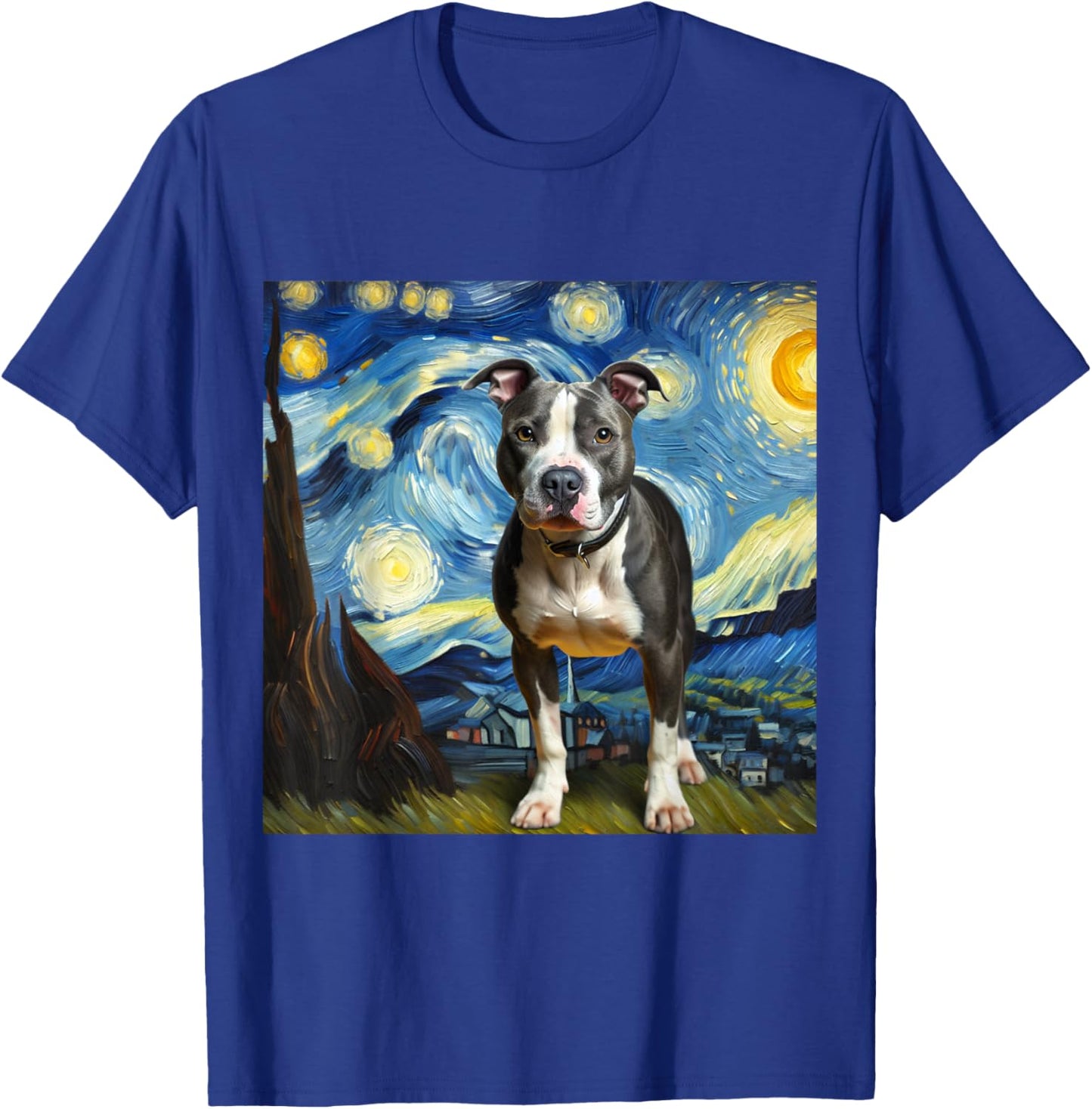 Pitbull Animal Funny Pit Bull Starry Night Van Gogh Style T-Shirt - T-Shirt | Royal