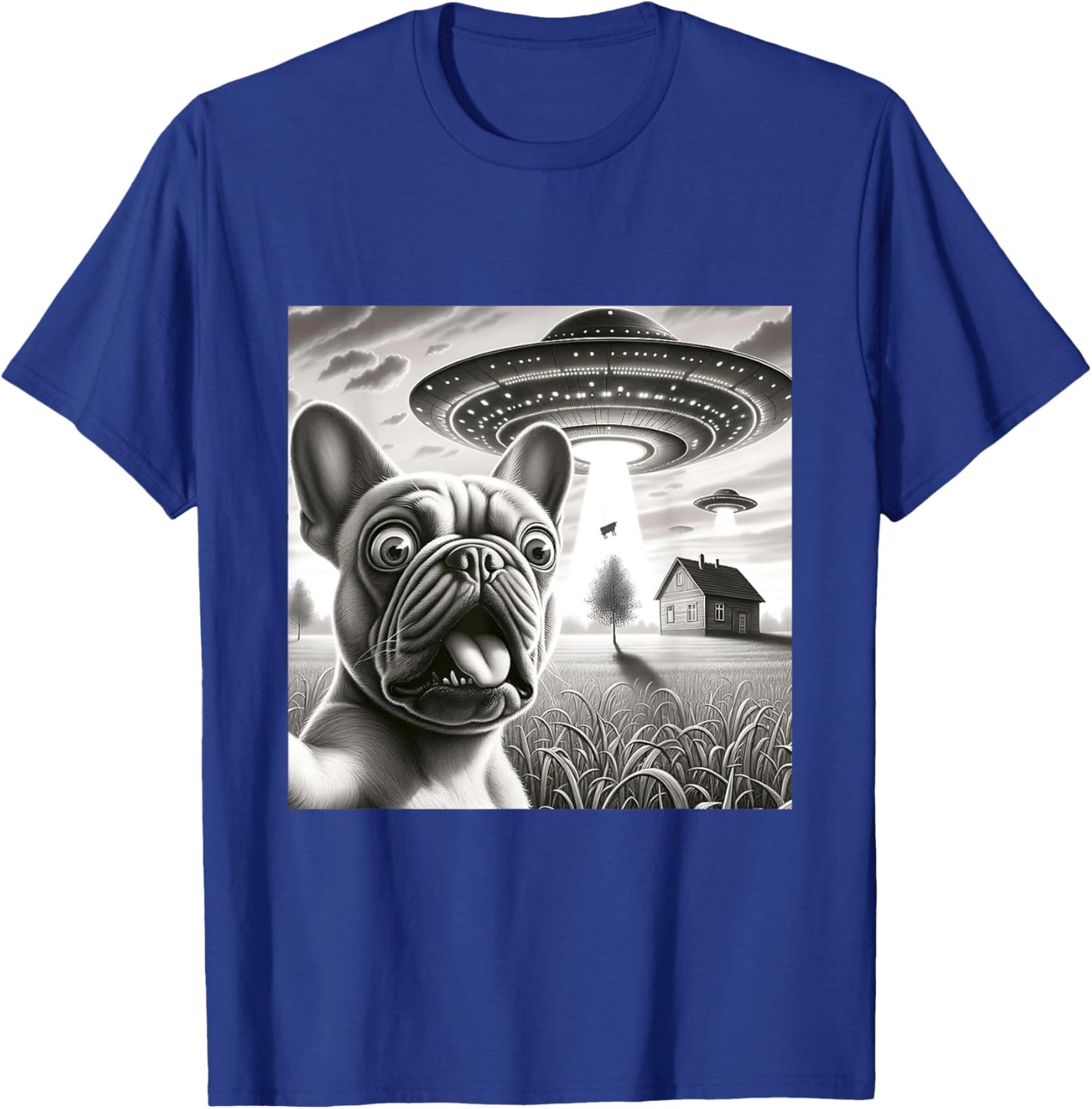 French Bulldog Selfie With Alien UFO Funny Frenchie Pup T-Shirt - T-Shirt | Royal