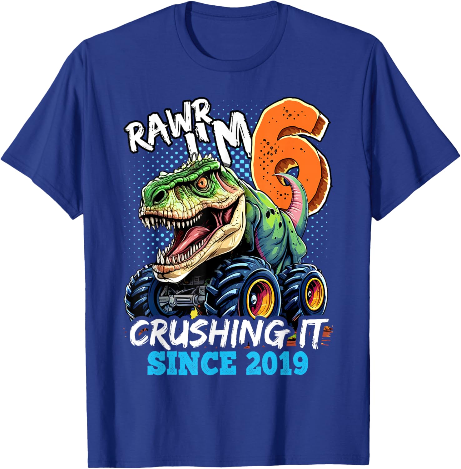 6th Birthday Monster Truck Dinosaur Party Boys Rawr I'm 6 T-Shirt - T-Shirt | Royal