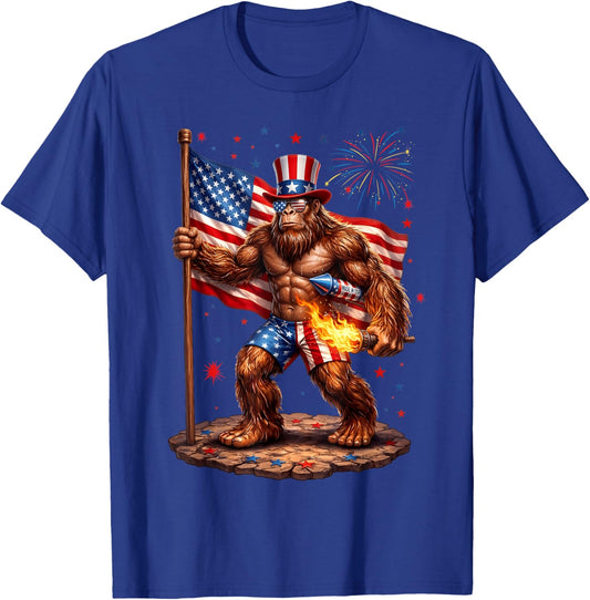 Bigfoot 4th of July US American Flag Sasquatch Men Women Kid T-Shirt - T-Shirt | Royal