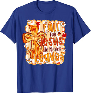 Fall for Jesus He Never Leaves Christian Faith Cross Pumpkin T-Shirt - T-Shirt | Royal
