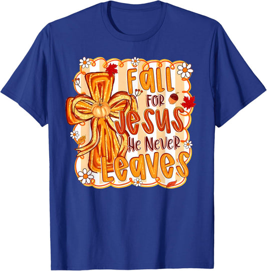 Fall for Jesus He Never Leaves Christian Faith Cross Pumpkin T-Shirt - T-Shirt | Royal