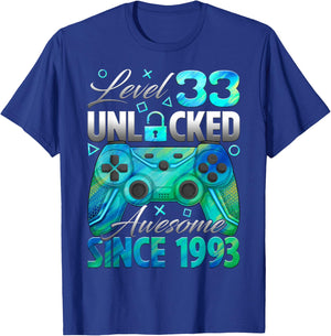Level 33 Unlocked Awesome Since 1993 33rd Birthday Gamer T-Shirt - T-Shirt | Royal