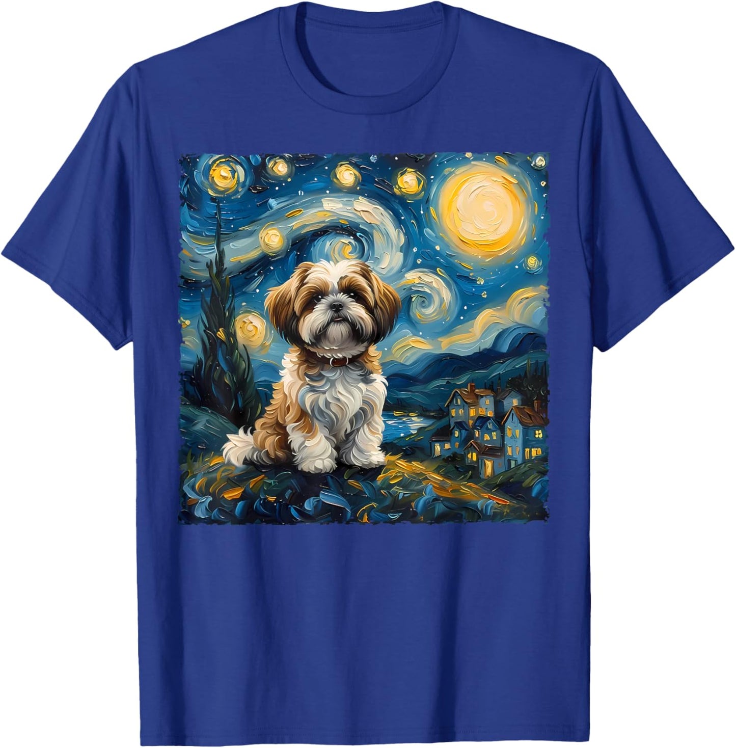 Shih Tzu Dog Lovers The Starry Night Van Gogh Style Painting T-Shirt - T-Shirt | Royal