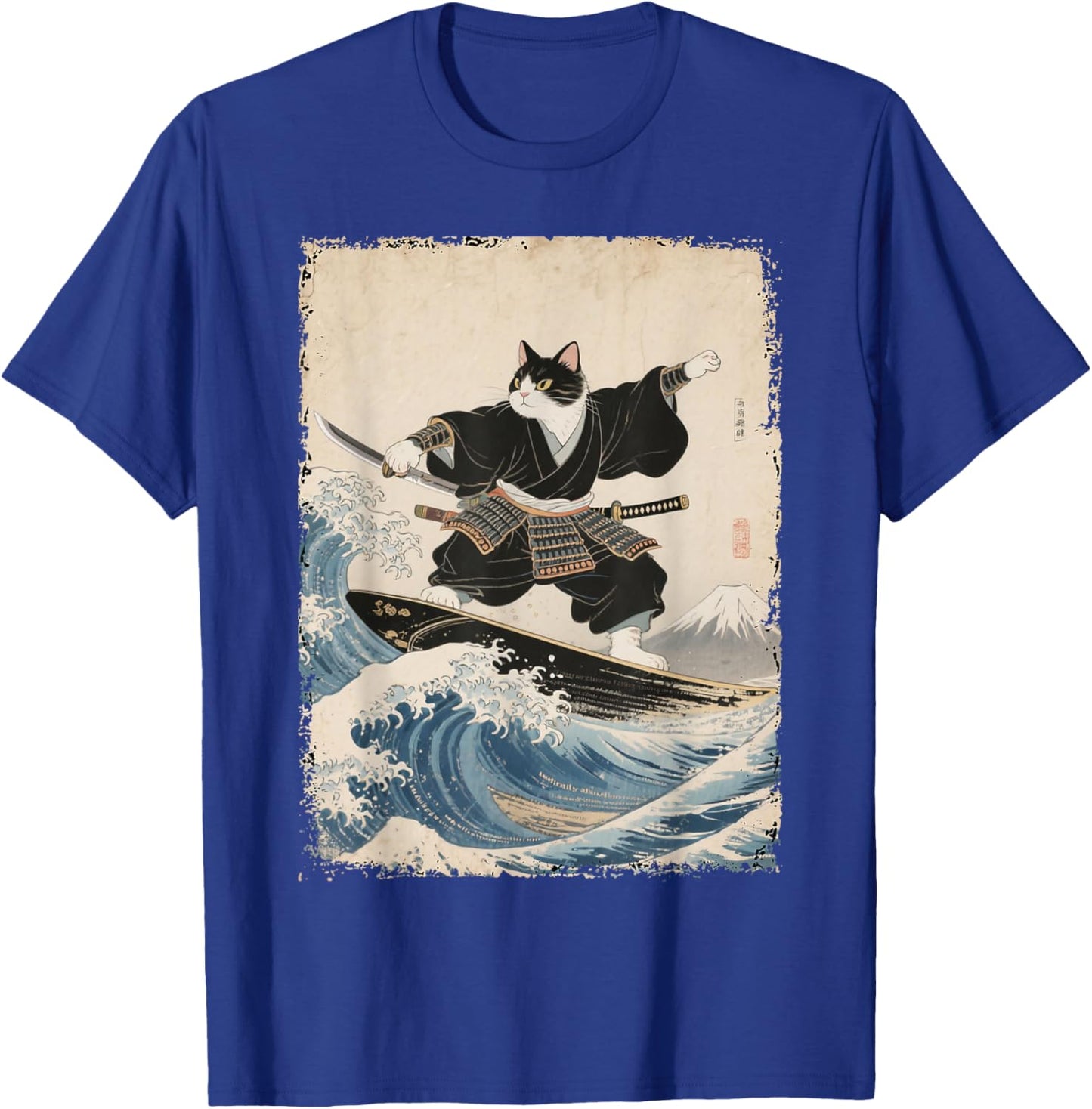 Samurai Cat Surfing Wave Art Japanese Ukiyo-e Art T-Shirt - T-Shirt | Royal