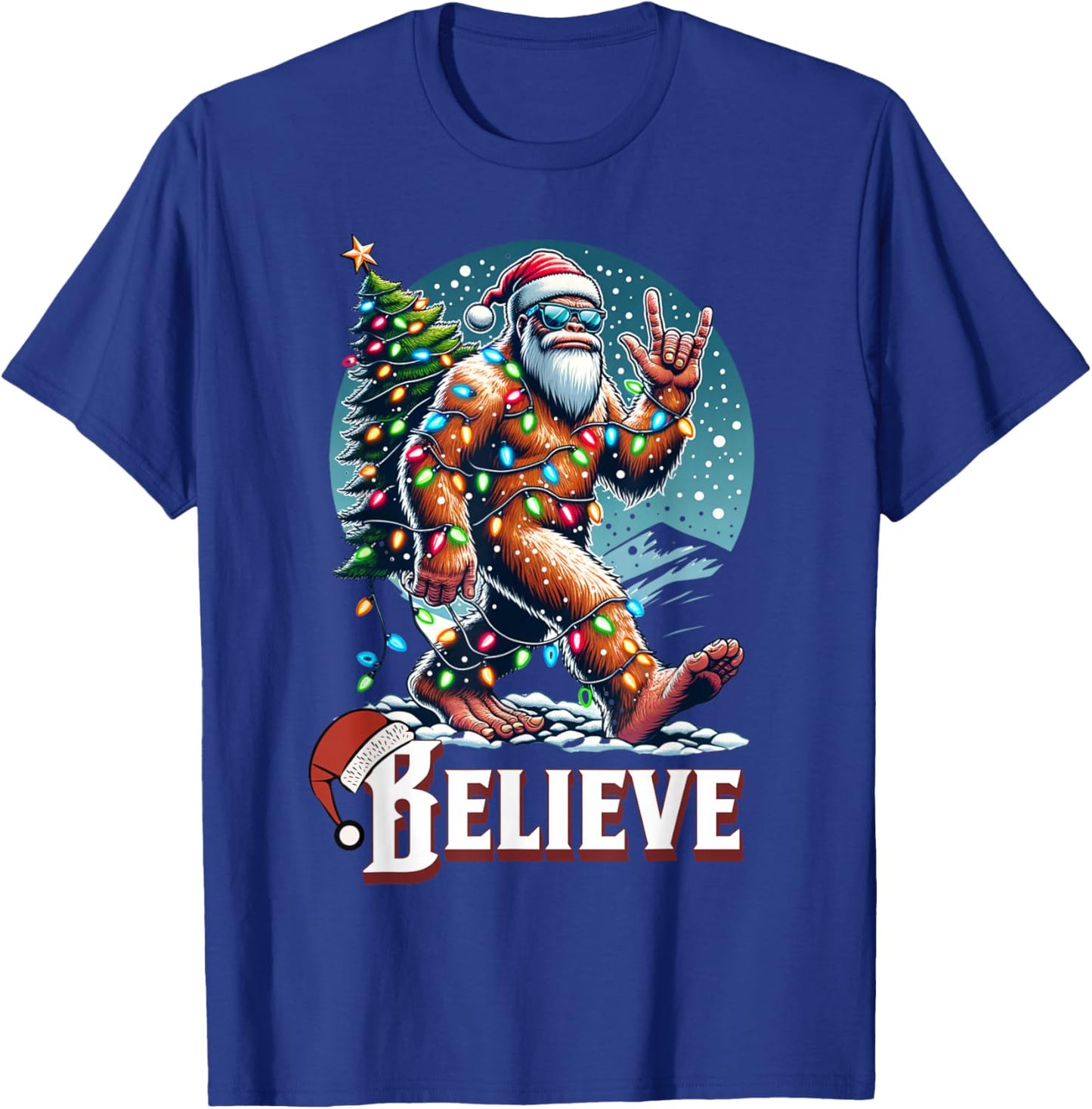 Santa Bigfoot Christmas Lights Funny Sasquatch Believe Xmas T-Shirt - T-Shirt | Royal