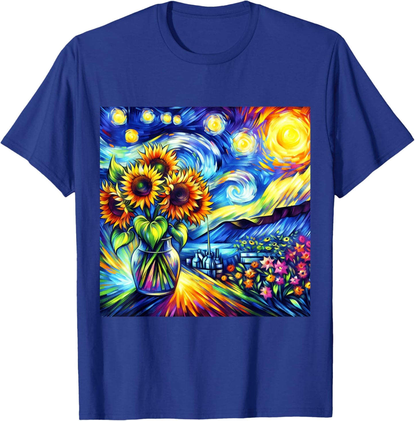 Vincent Van Gogh Sunflower Painting Starry Night Sky Art T-Shirt - T-Shirt | Royal