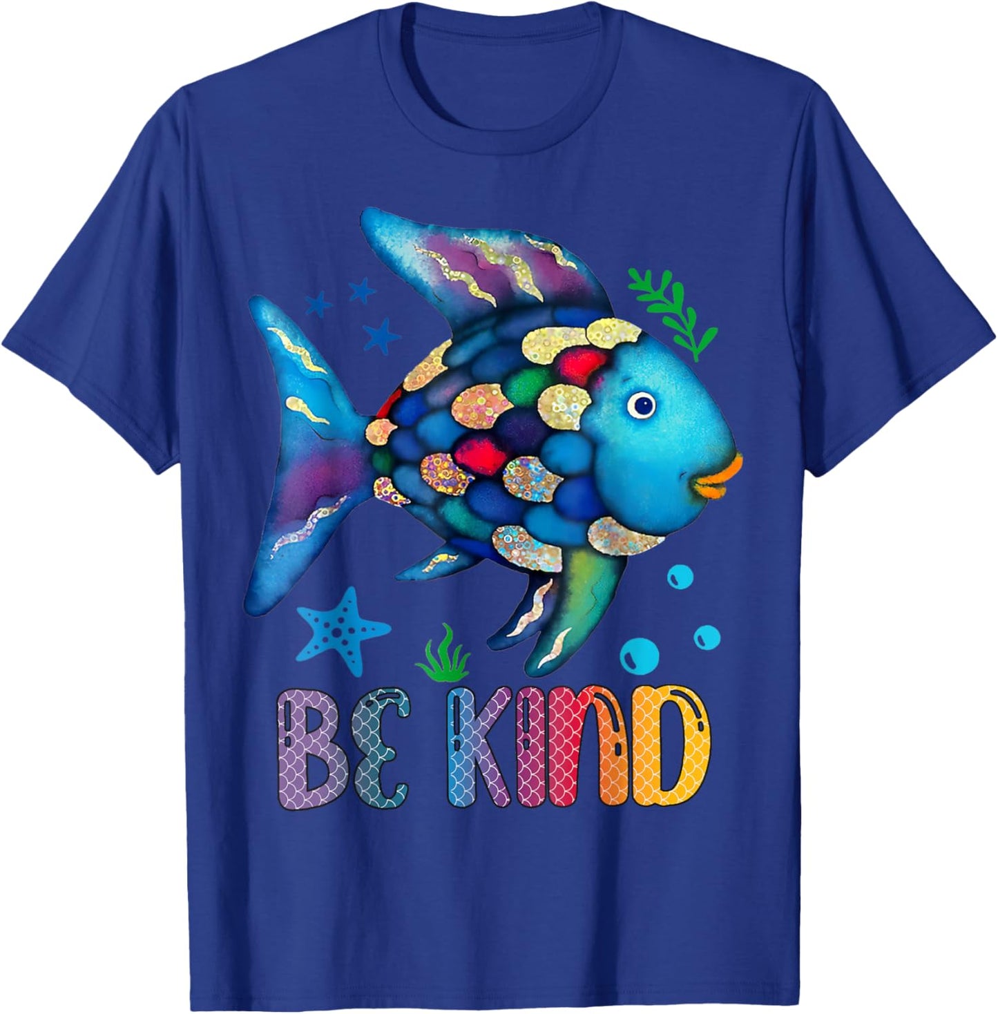 Kids Be Kind Rainbow Scale Fish Teacher Reading Book T-Shirt - T-Shirt | Royal