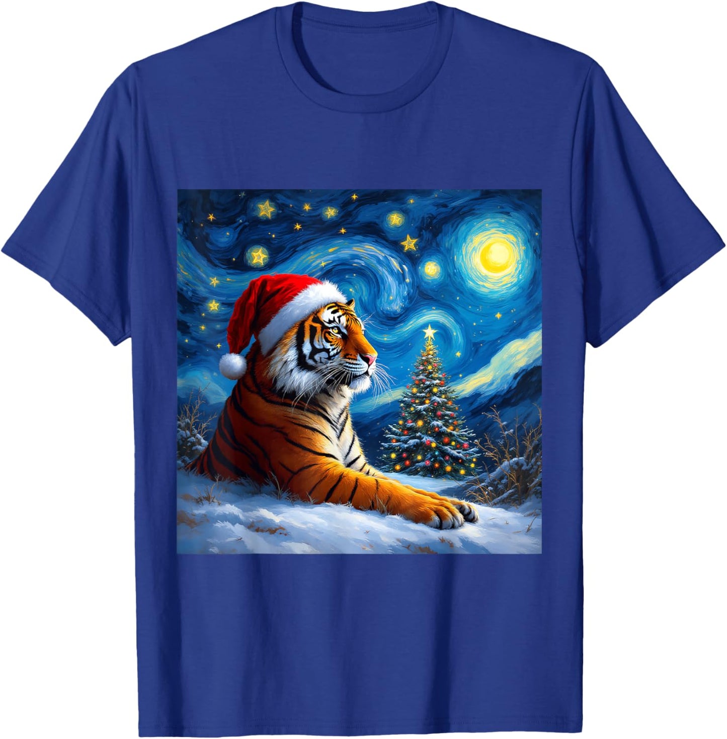 Christmas Tiger Santa Hat Van Gogh Starry Night Holiday T-Shirt - T-Shirt | Royal