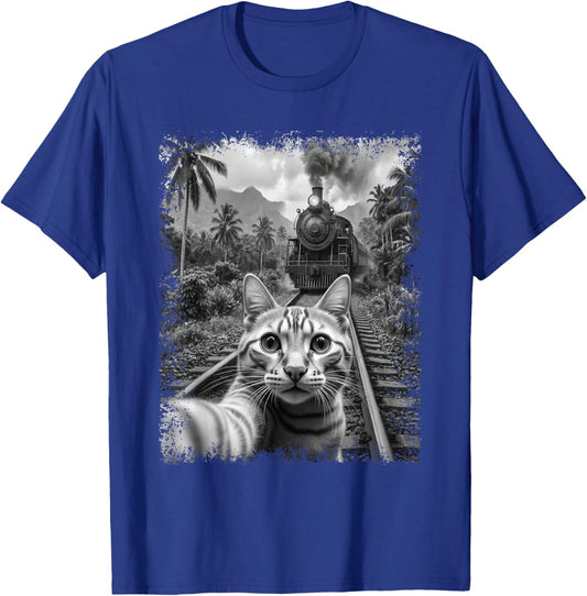Funny Cat Taking A Selfie With Steam Train Meme Trainspotting T-Shirt - T-Shirt | Royal