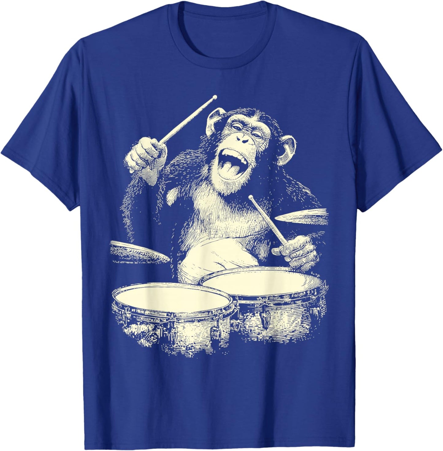 Chimpanzee Playing Drums Funny Animal Drummer Chimp Graphic T-Shirt - T-Shirt | Royal