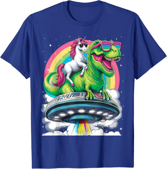 Unicorn Riding T Rex UFO Dinosaur Boy Girl Men Women Rainbow T-Shirt - T-Shirt | Royal