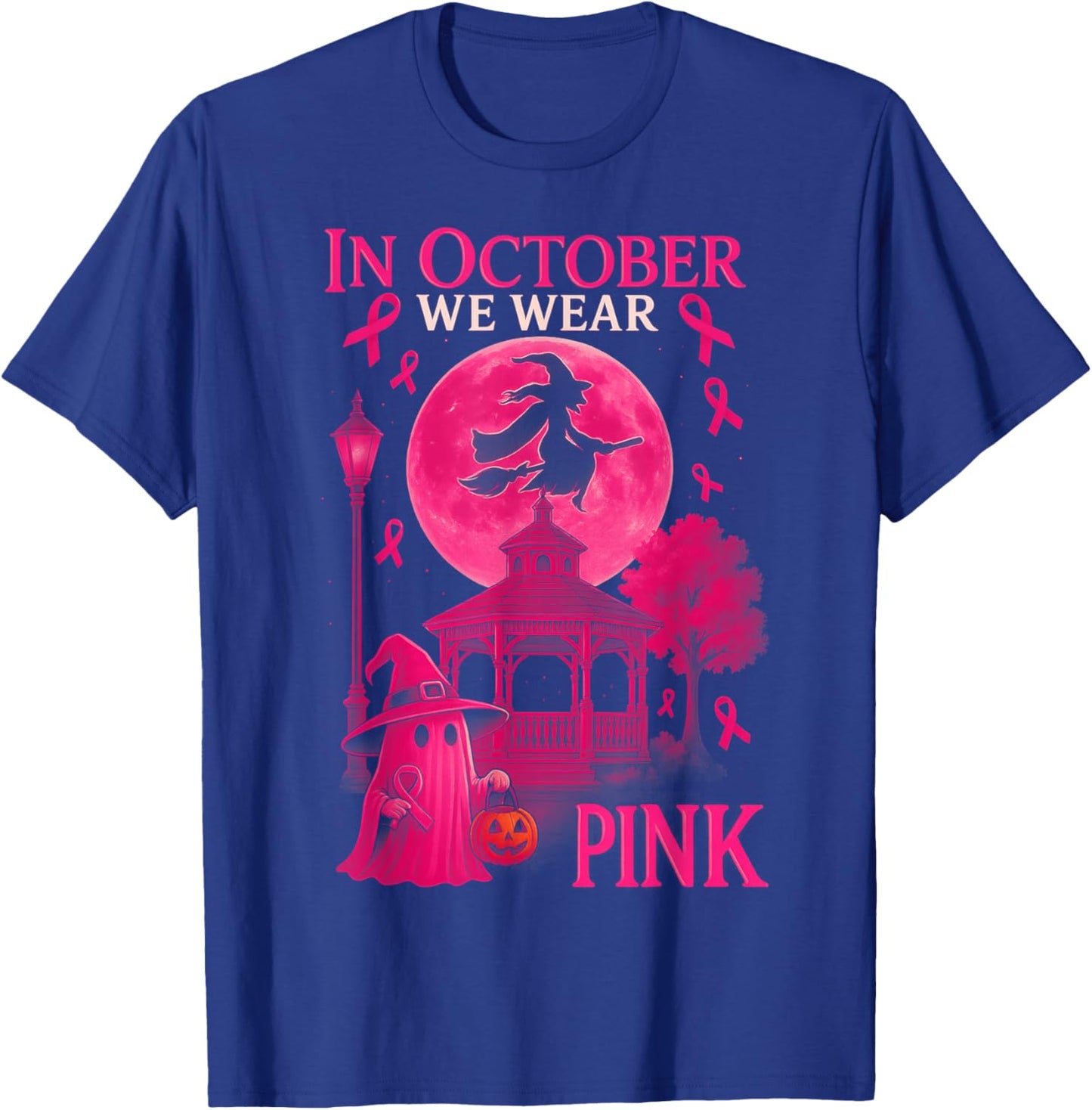 HUGvyn in October We Wear Pink Witch Halloween Breast Cancer T-Shirt - T-Shirt | Royal