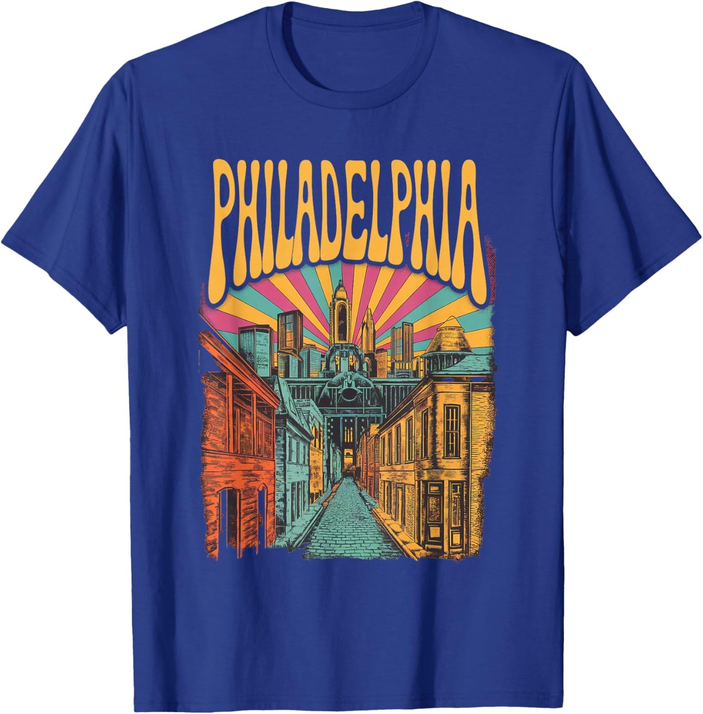 Vintage Philadelphia Pennsylvania Skyline Cityscape Retro T-Shirt - T-Shirt | Royal